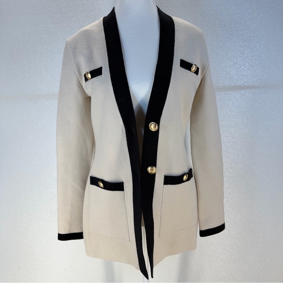 Express Cream Black Trim Cardigan Sweater Gold Buttons Size S - Picture 8 of 17